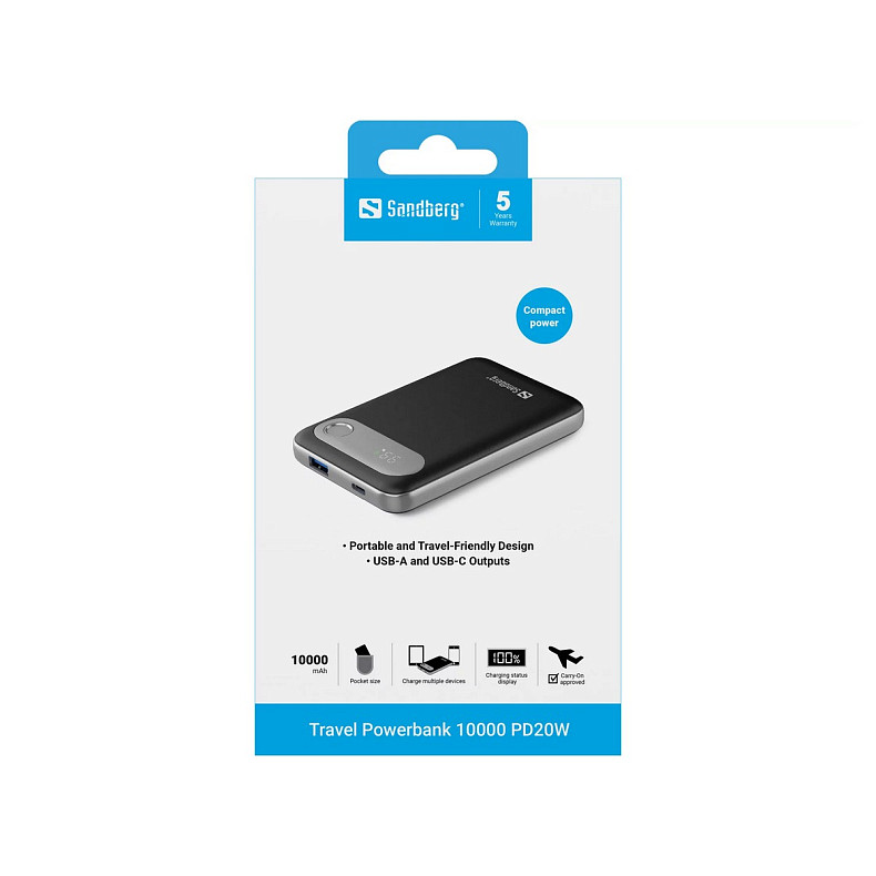 Универсальная мобильная батарея Sandberg Travel 10000mAh 20W 4,5A PD,QC3.0,USB-A,USB-C,LED, серый