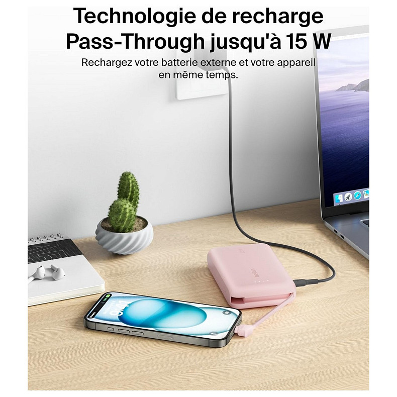 Аккумулятор портативный литий-ионный Power Bank Belkin 10000мА·ч, 20Вт, с интегрированным кабелем USB-