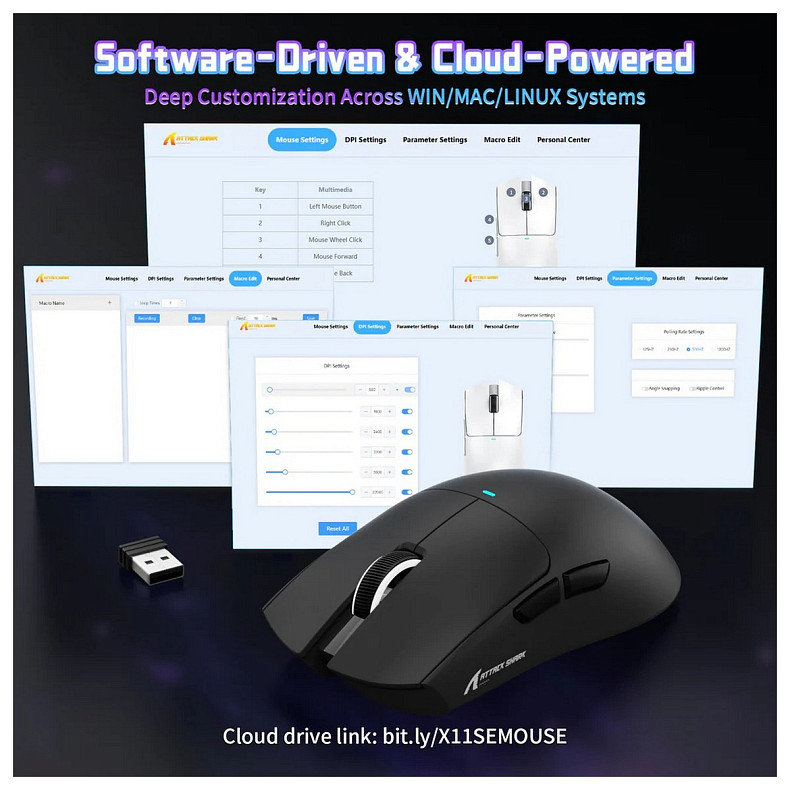 Мышка Attack Shark X11SE, Wireless//Bluetooth, 22000dpi. (PAW3311), 6кн., Black