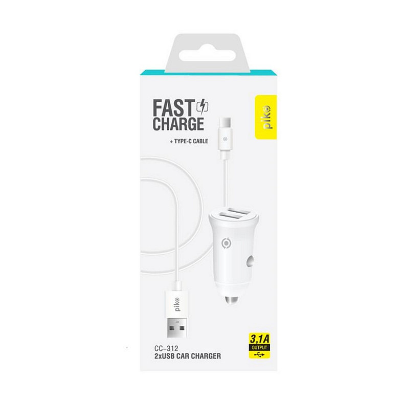 Автомобильное зарядное устройство Piko CC-312 (2USB, 3.1A) White + кабель Type-C (1283126538803)