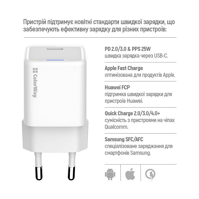 Сетевое зарядное устройство ColorWay GaN Mini 25W PD Port PPS USB-C White (CW-CHS052PDC-WT) + кабель