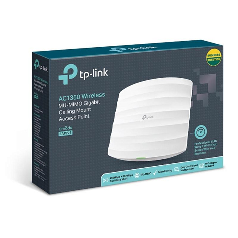 Точка доступа TP-Link EAP225 (AC1350, 1х1Гбит, потолочная, PoE, EAP Controller, 2.4GHz: 3* 4dBi, 5G