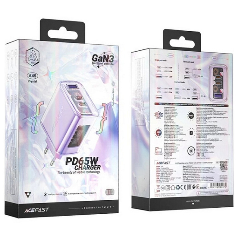 Зарядное устройство 3xUSB 65W (2xUSB-C+USB-A) A45 Fast Charger Purple alfalfa Acefast