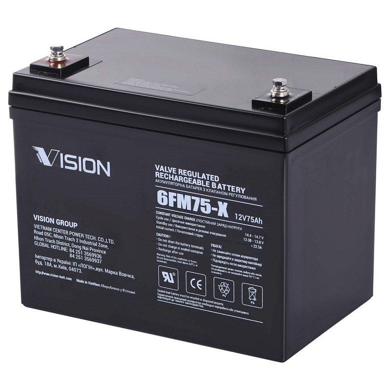 Акумуляторна батарея Vision FM, 12V, 75Ah, AGM