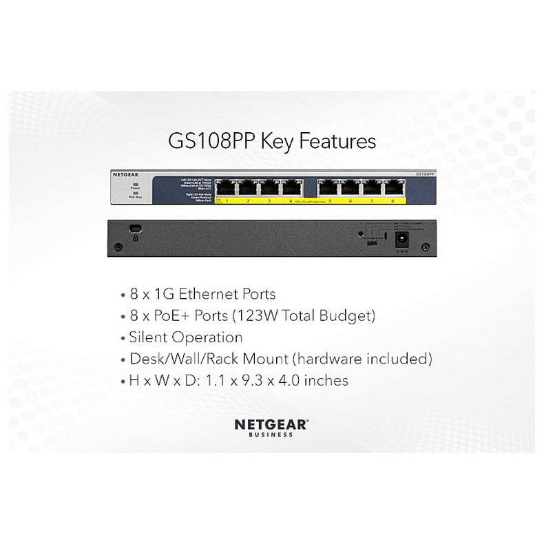 Коммутатор NETGEAR GS108PP 8xGE PoE+ (123Вт), FlexPoE, неуправляемый