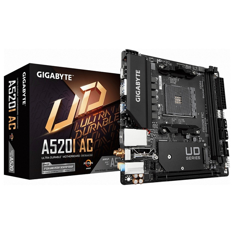 Материнська плата GIGABYTE A520I AC sAM4 A520 2xDDR4 M.2 HDMI DP mITX