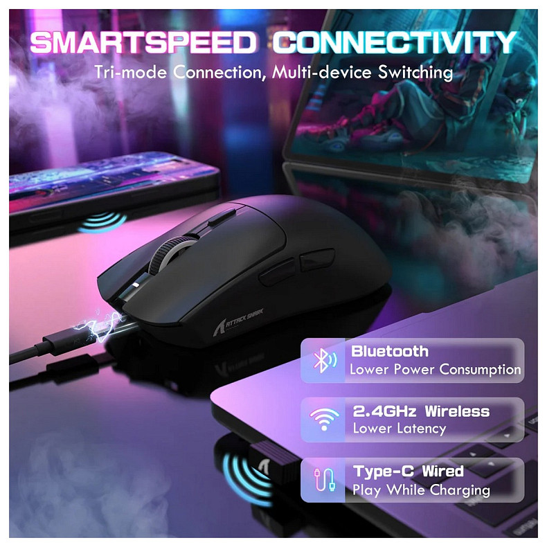 Мишка Attack Shark X1, Wireless/Bluetooth, 40000dpi. (PAW3395PRO), 6кн., Black