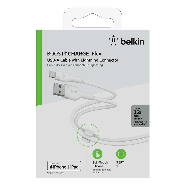 Кабель Belkin USB-A > Lightning, 1м, силиконовый, с клипсой, белый