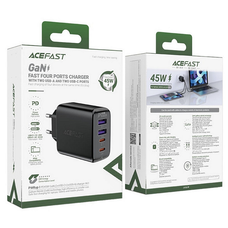 Зарядное устройство 4xUSB 45W (2xUSB-C+2xUSB-A) Gan A61 Fast Charger Black Acefast