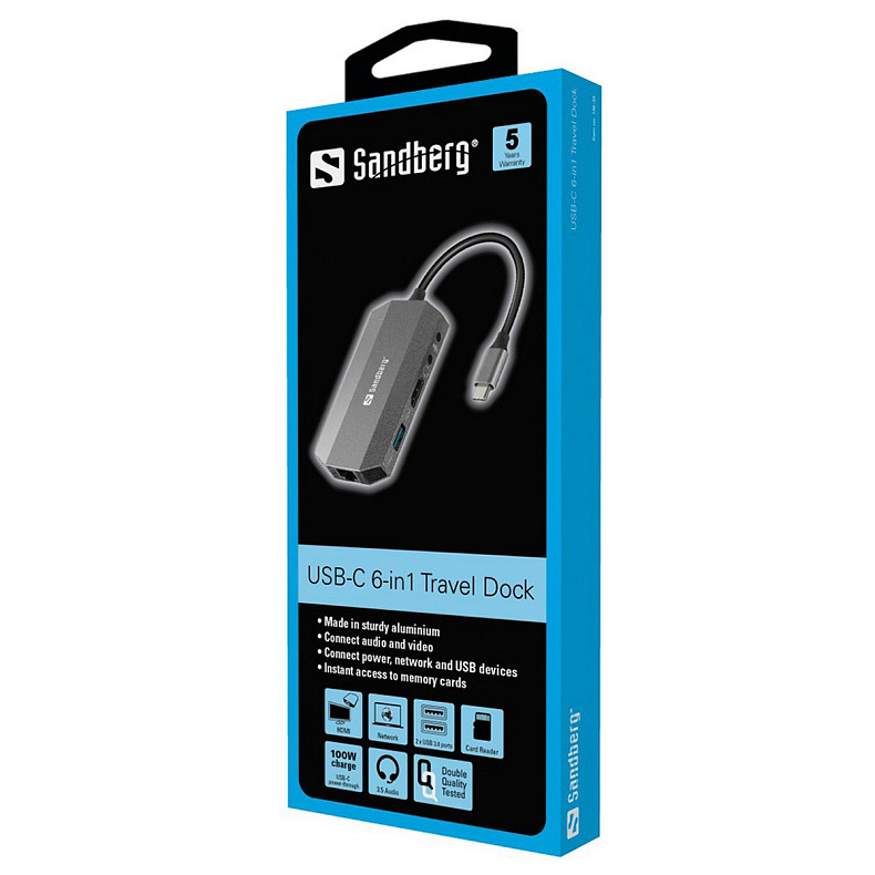 Док-станція USB3.1 Type-C --> HDMI/USB 3.0x2/RJ45/SD/TF/PD 100W 6in1 Sandberg