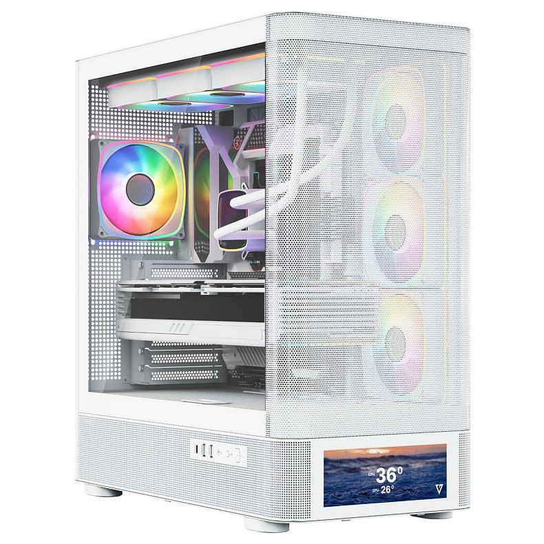 Корпус Modecom VOLCANO AQ500 ARGB MIDI FRONT LCD 6,2”, 4x120mm fans WHITE без БЖ ATX