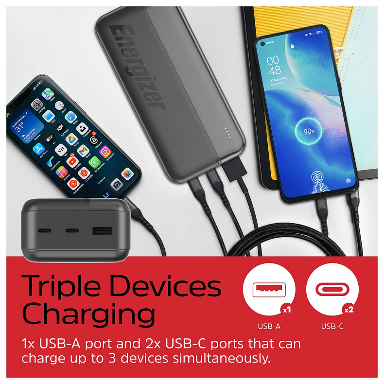 Універсальна мобільна батарея Energizer 30000mAh 15W 3A, USB-А, 2хUSB-C Black