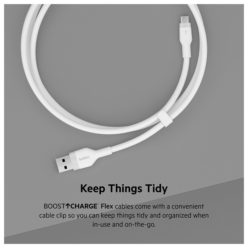 Кабель Belkin USB-A - USB-C силіконовий, з кліпсою, 2м, білий