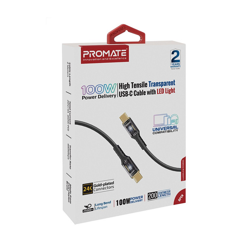 Кабель Promate USB Type-C - USB Type-C (M/M), 5 A, 100 W, 2 м, Lucidline-CC200 Black (lucidline-cc20