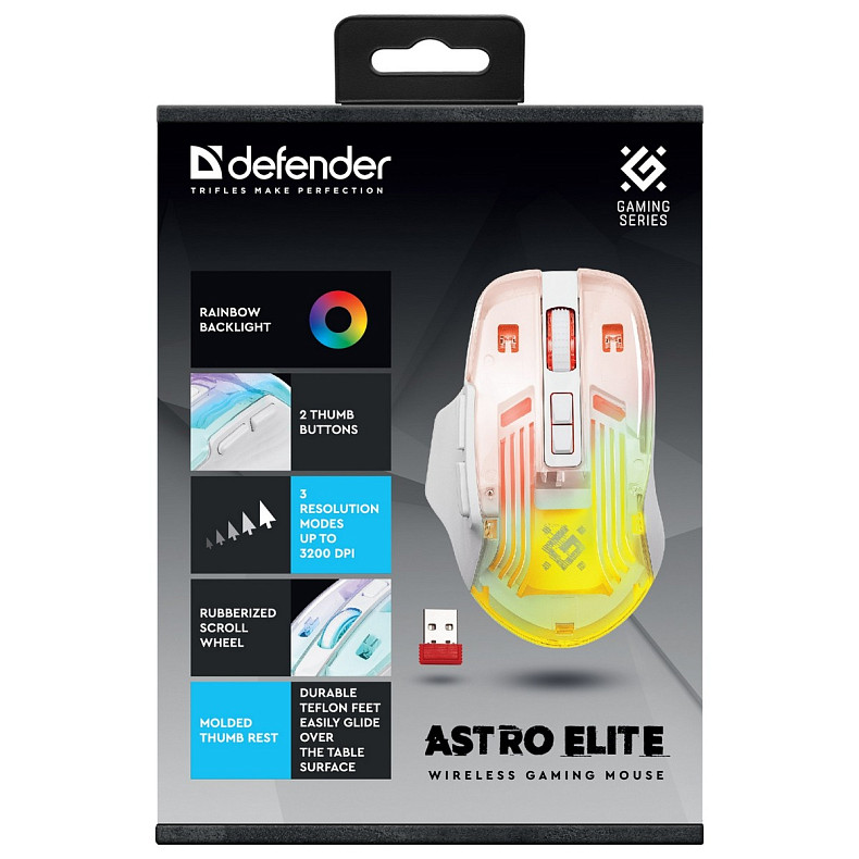 Мышка Defender Astro Elite GM-056, беспроводная, игровая, 3200dpi., 7кн., 500 mAh, белая