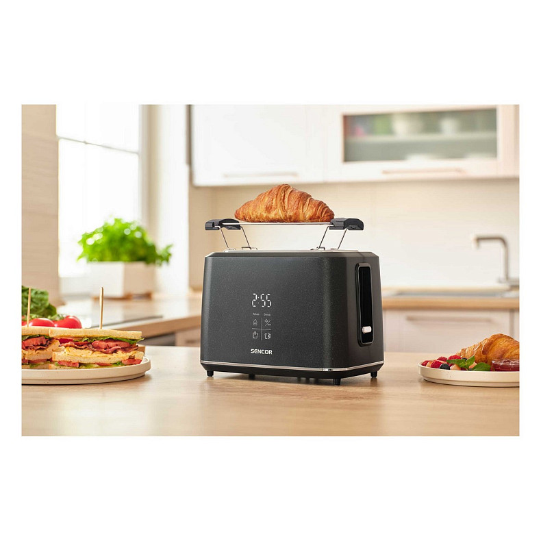 Тостер Sencor 1080Вт, підігрів, розморожування, сенс. керування, LED, пластик, чорний