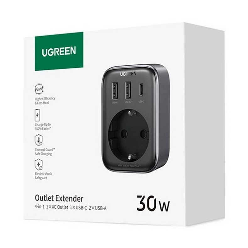 Зарядное устройство Ugreen CD314 30W Outlet Extender (2хUSB-A+USB-C) Black (90613)