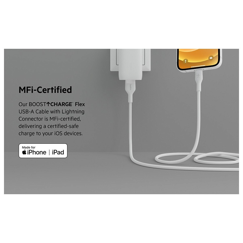 Кабель Belkin USB-A > Lightning, 1м, силиконовый, с клипсой, белый