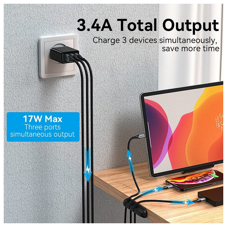 Зарядное устройство 3xUSB A 12W Black Vention
