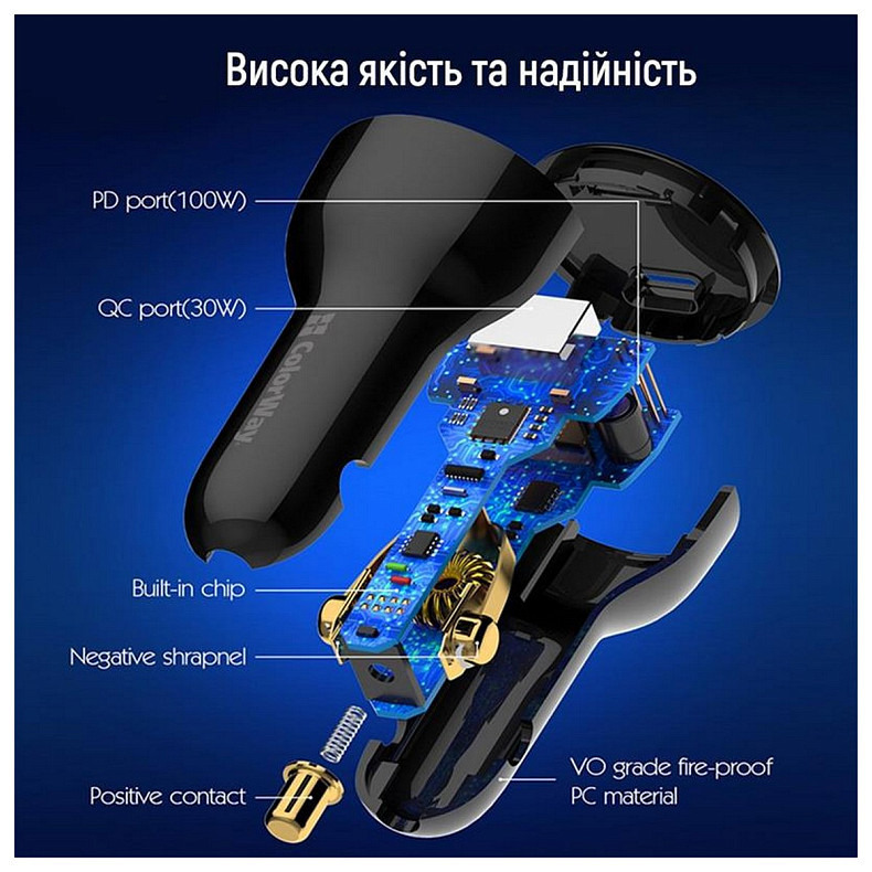 Автомобильное зарядное устройство ColorWay Power Delivery Port PPS USB (USB-A + USB-C, 100W) PD, QC