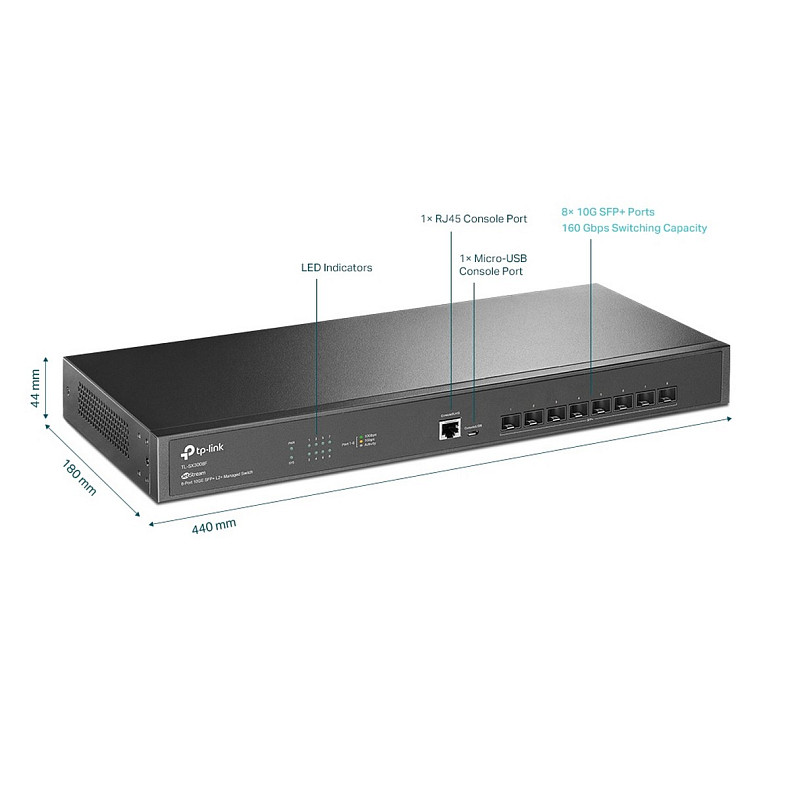 Комутатор TP-LINK TL-SX3008F 8xSFP+ (10GE) 1xRJ45 console+microUSB L2 JetStream 19" 1U