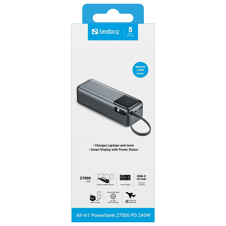 УМБ Sandberg 27000mAh 240W PD, USB-A, USB-C In/Out, with built-in Type-C cable 140W