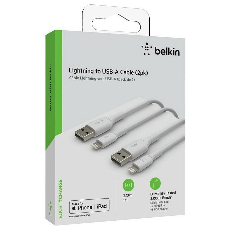 Кабель USB-A > Lightning зарядка/синхронизация Belkin 1м, 12Вт, PVC, (2 Pack), белый
