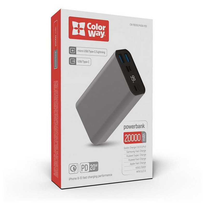 Универсальная мобильная батарея ColorWay 20000mAh Gray (CW-PB200LPH3GR-PDD)
