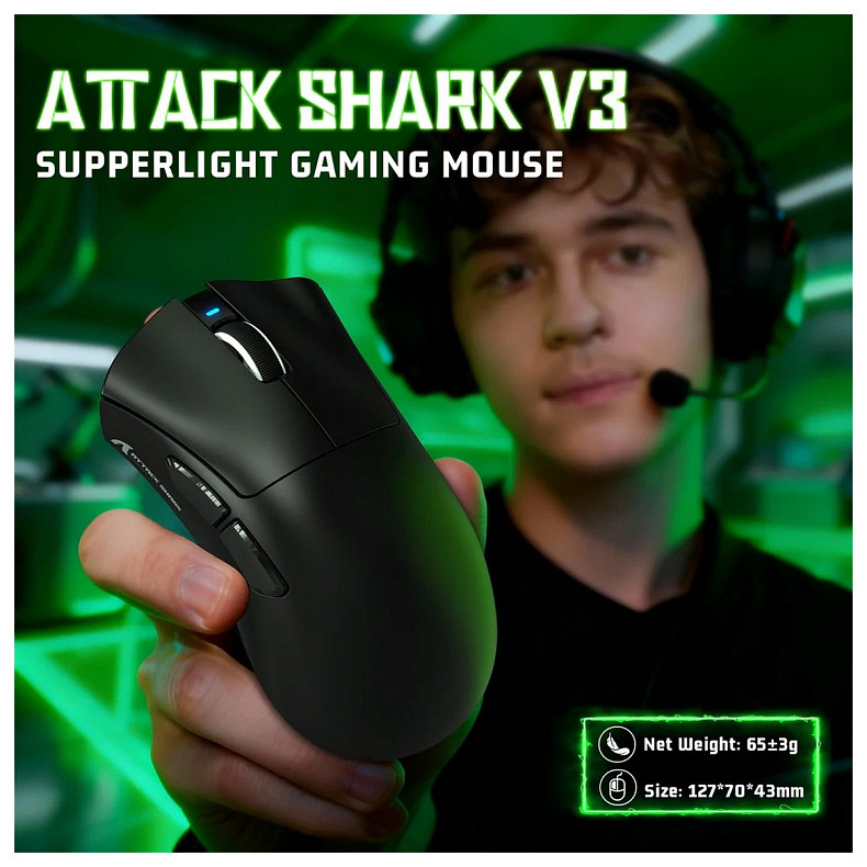 Мишка Attack Shark V3 Ultra-Light, Wireless, PAW3311 сенсор, 25000dpi., 6кн., Black