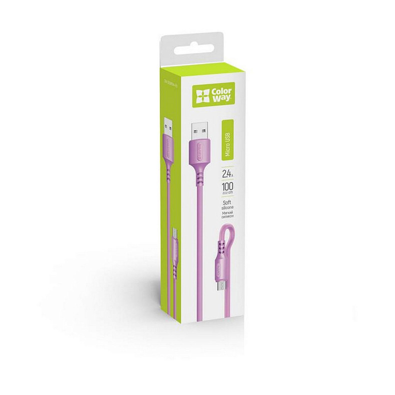 Кабель ColorWay USB-microUSB, soft silicone, 2.4А, 1м, Purple (CW-CBUM044-PU)