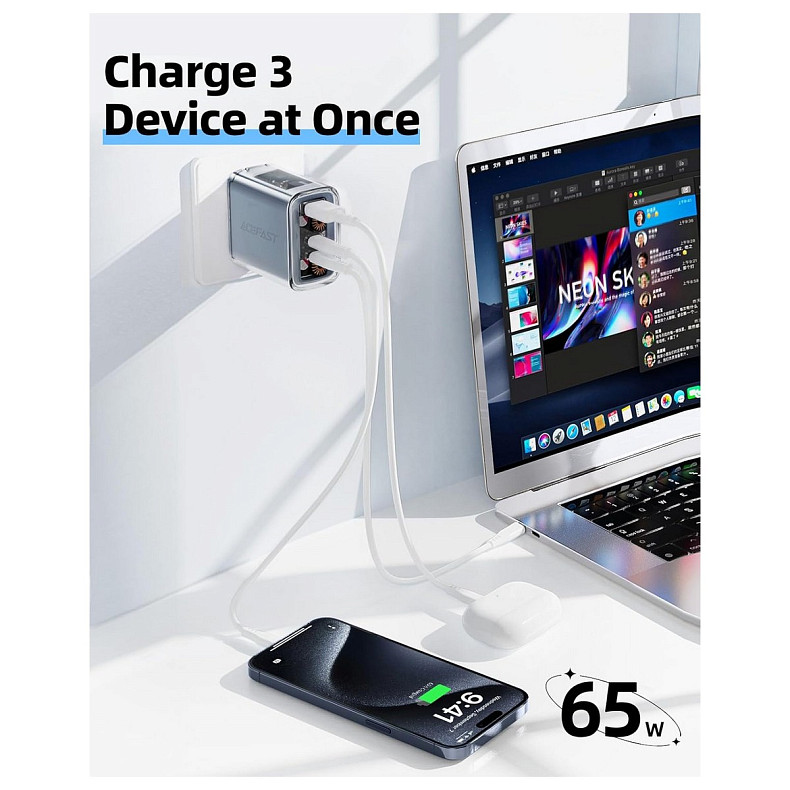 Зарядное устройство 3xUSB 65W (2xUSB-C+USB-A) Gan A45 Fast Charger Mountain mist Acefast