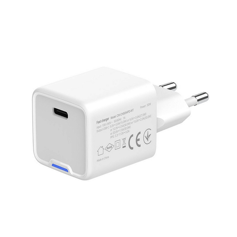 Сетевое зарядное устройство ColorWay GaN Mini 30W PD Port PPS USB-C White (CW-CHS054PD-WT)