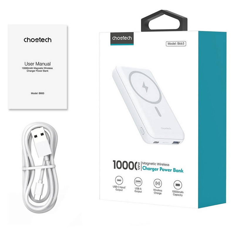 УМБ Choetech Magnetic Wireless 10000mAh 20W PD, QC3.0 USB-A+USB-C White