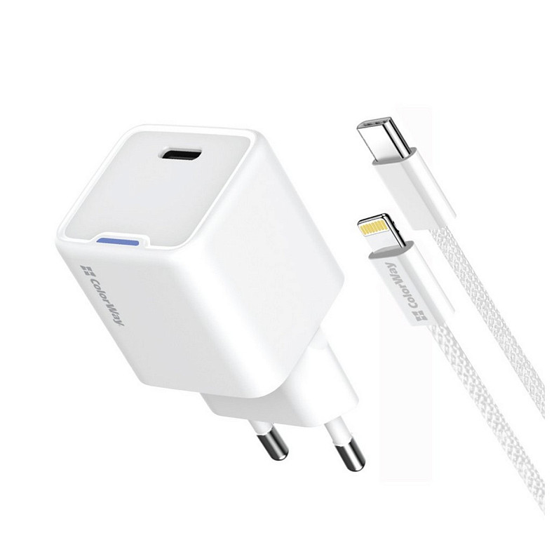 Сетевое зарядное устройство ColorWay GaN Mini 20W PD Port PPS USB-C White (CW-CHS059PDL-WT) + кабель