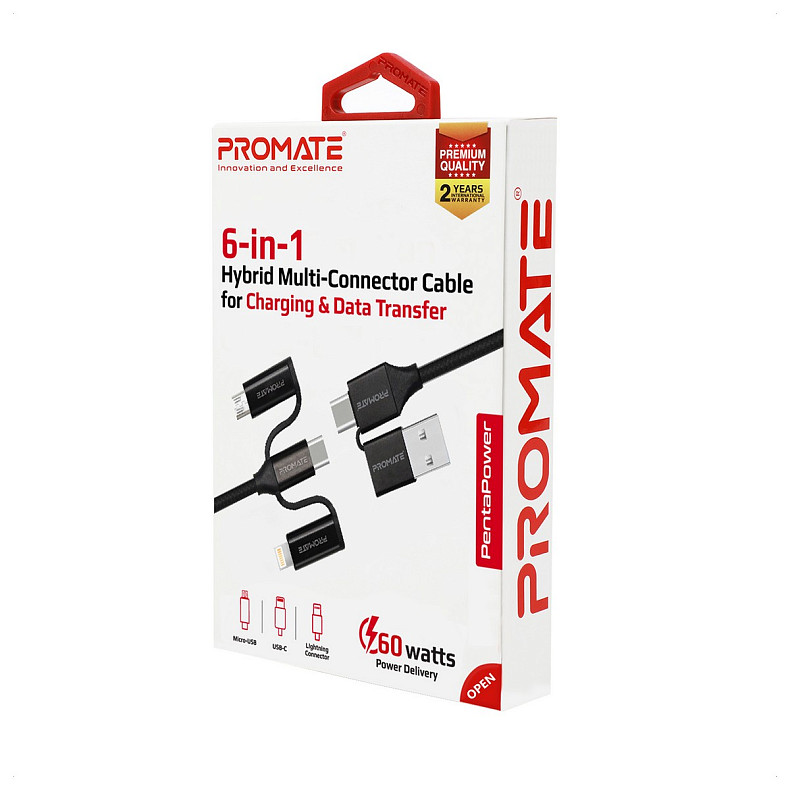 Кабель Promate USB + USB Type-C - Lightning + micro USB + USB Type-C (M/M), 3 A, 60 W, 1.2 м, PentaP