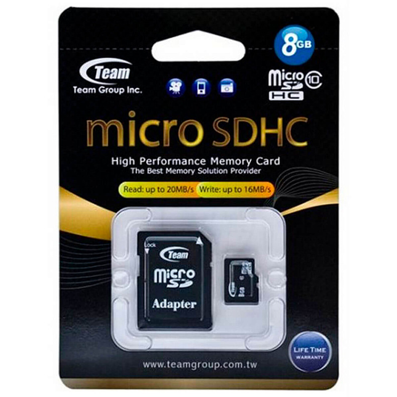 MicroSDHC   8GB Class 10 Team + SD-adapter (TUSDH8GCL1003)