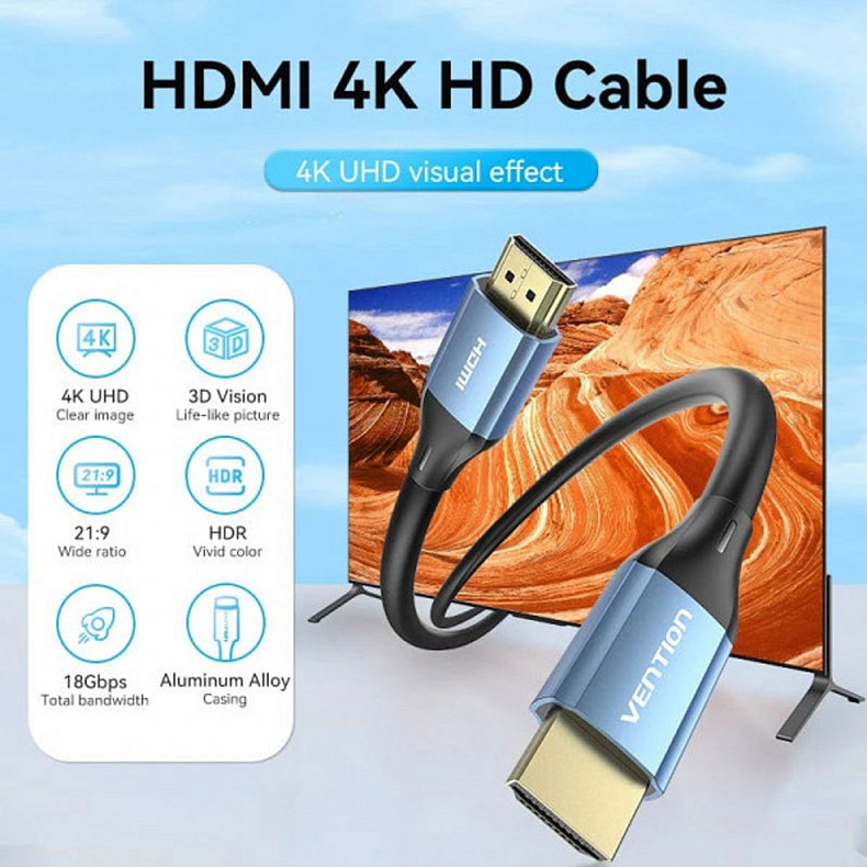 Кабель HDMI M-M, 2.0 м, V2.0, 4K 60Гц, Aluminum Alloy Blue Vention