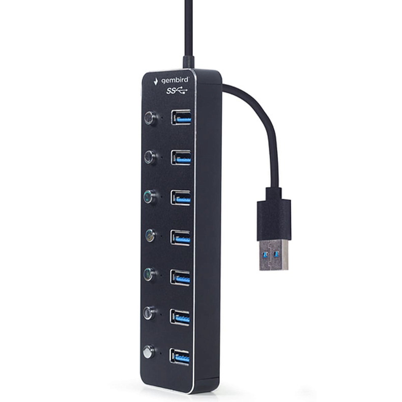 USB-хаб Gembird UHB-U3P7P-01 на 7 портiв USB 3.0, з вимикачами, пластик\метал, чорний