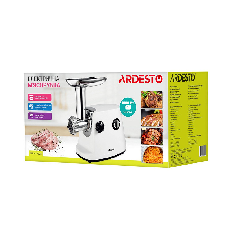 М'ясорубка Ardesto, 1700Вт, продук.-1.6кг/хв, 3 решітки + для ковб., кеббе, 3 терки, пластик, біло-с