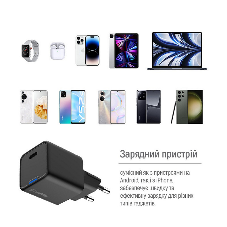 Сетевое зарядное устройство ColorWay GaN Mini 25W PD Port PPS USB-C Black (CW-CHS052PD-BK)