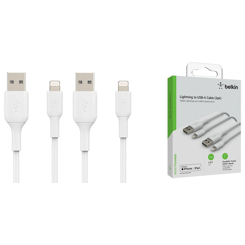 Кабель USB-A > Lightning зарядка/синхронизация Belkin 1м, 12Вт, PVC, (2 Pack), белый