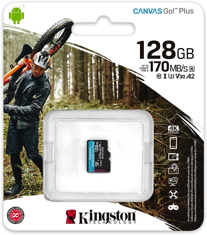 Карта пам'яті Kingston 128GB microSDXC C10 UHS-I U3 A2 R170/W90MB/s (SDCG3/128GBSP)