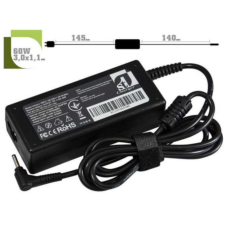 Блок живлення 1StCharger для ноутбука Samsung 19V 60W 3.16A 3.0х1.0мм + каб.пит. (AC1STSA60WC)