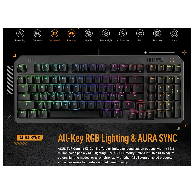 Клавіатура Asus TUF Gaming K3 Gen II Opti-Mech RGB 97key Switches ABS Black (90MP0390-BKMA00)