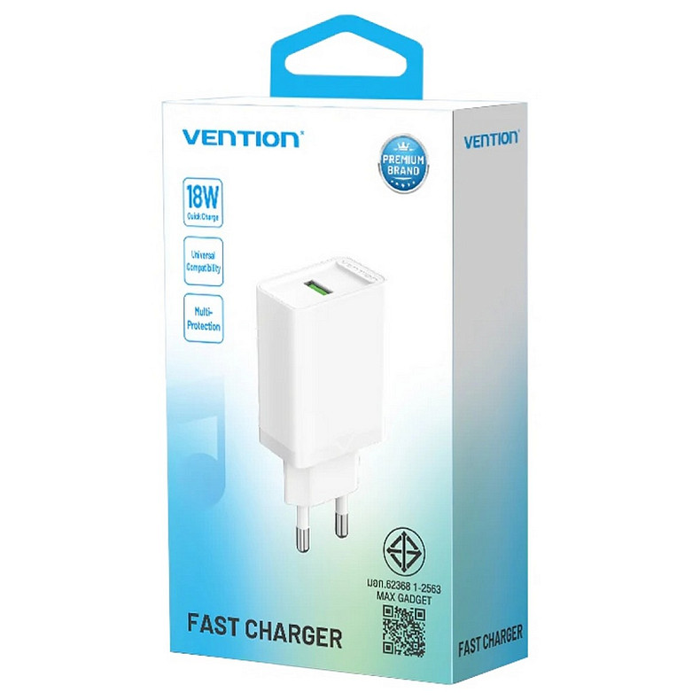 Зарядний пристрій Vention 1xUSB 18W (USB-A) QC3.0 white