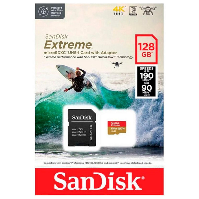 Карта пам'яті MicroSDXC 128GB UHS-I U3 R190/W90MB/s SanDisk Extreme V30 + SD-адаптер (SDSQXAA-128G-GN