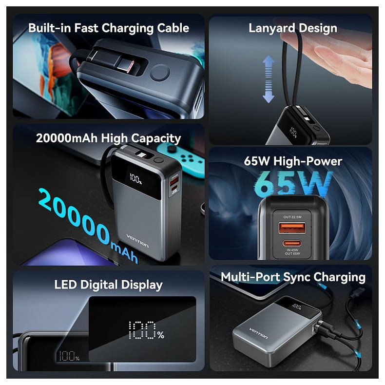 УМБ Vention 20000mAh 65W 3A PD,QC3.0,USB-A,1хType-C OUT,with Built-in USB-C Cable, LED Display,Black