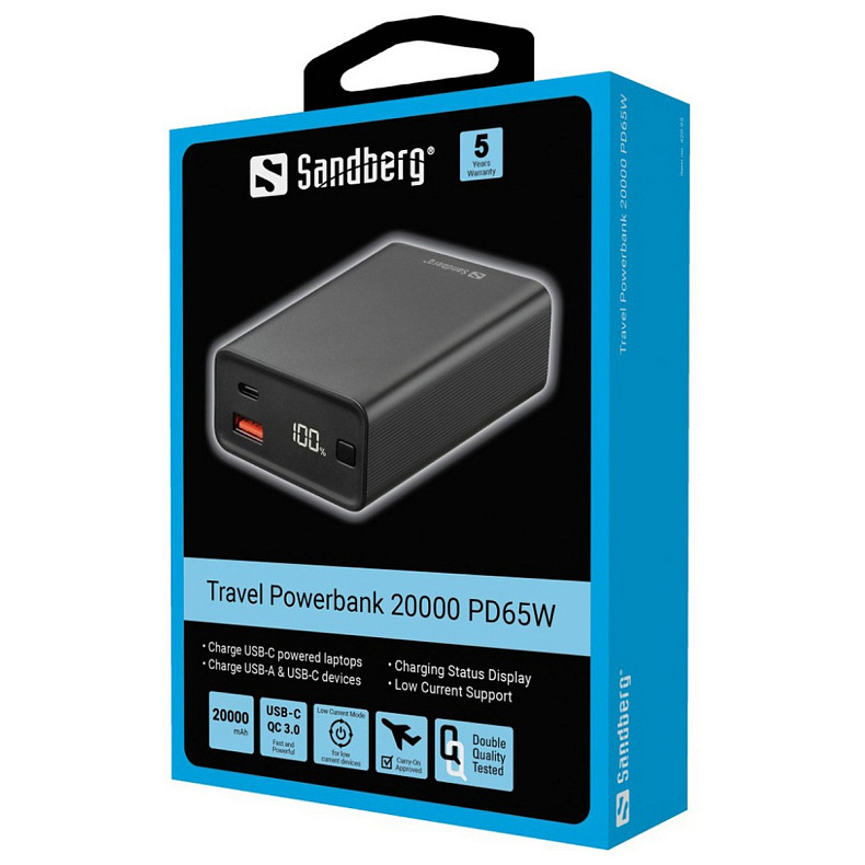 УМБ Sandberg PD 20000mAh 65W, Type-C PD, USB QC 3.0, кабель 100W 0.5m