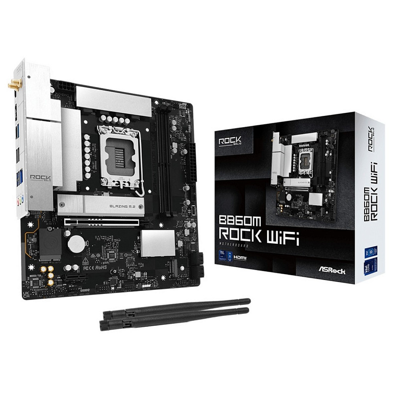 Материнская плата AsRock B860M ROCK WIFI (1851/B860, 2*DDR5, 2*PCIex16, HDMI/DP, 4xSATA, 2xM.2, 2.5Glan, 7.1ch, mATX)