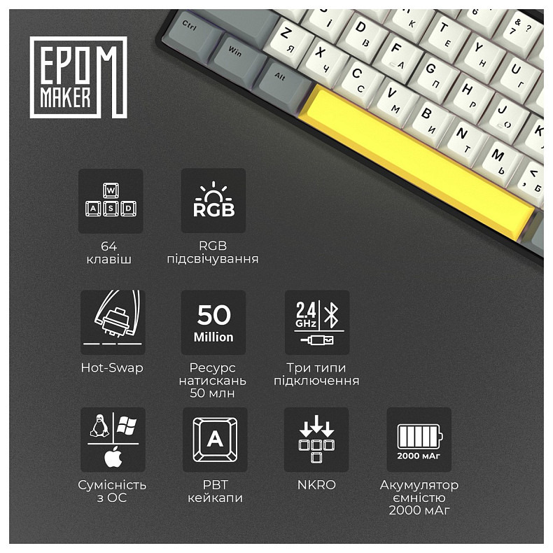 Клавиатура Epomaker EP64 60% Mulan Switch Hot-Swap (2.4G/BT/USB) RGB UA Black (EP64-B-M